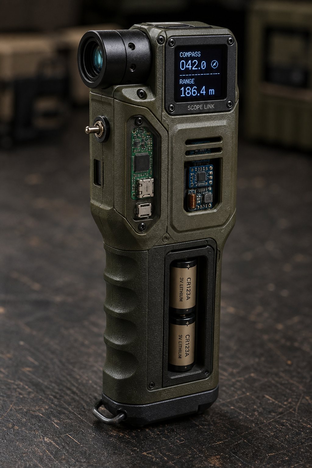 Scope Link portable tracker in a vertical pistol-grip chassis